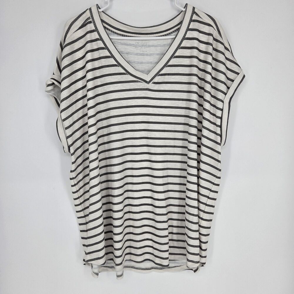 Maurices Berkley Striped V-Neck Tee Green & Ivory Ribbed Knit Top XXL Stretch